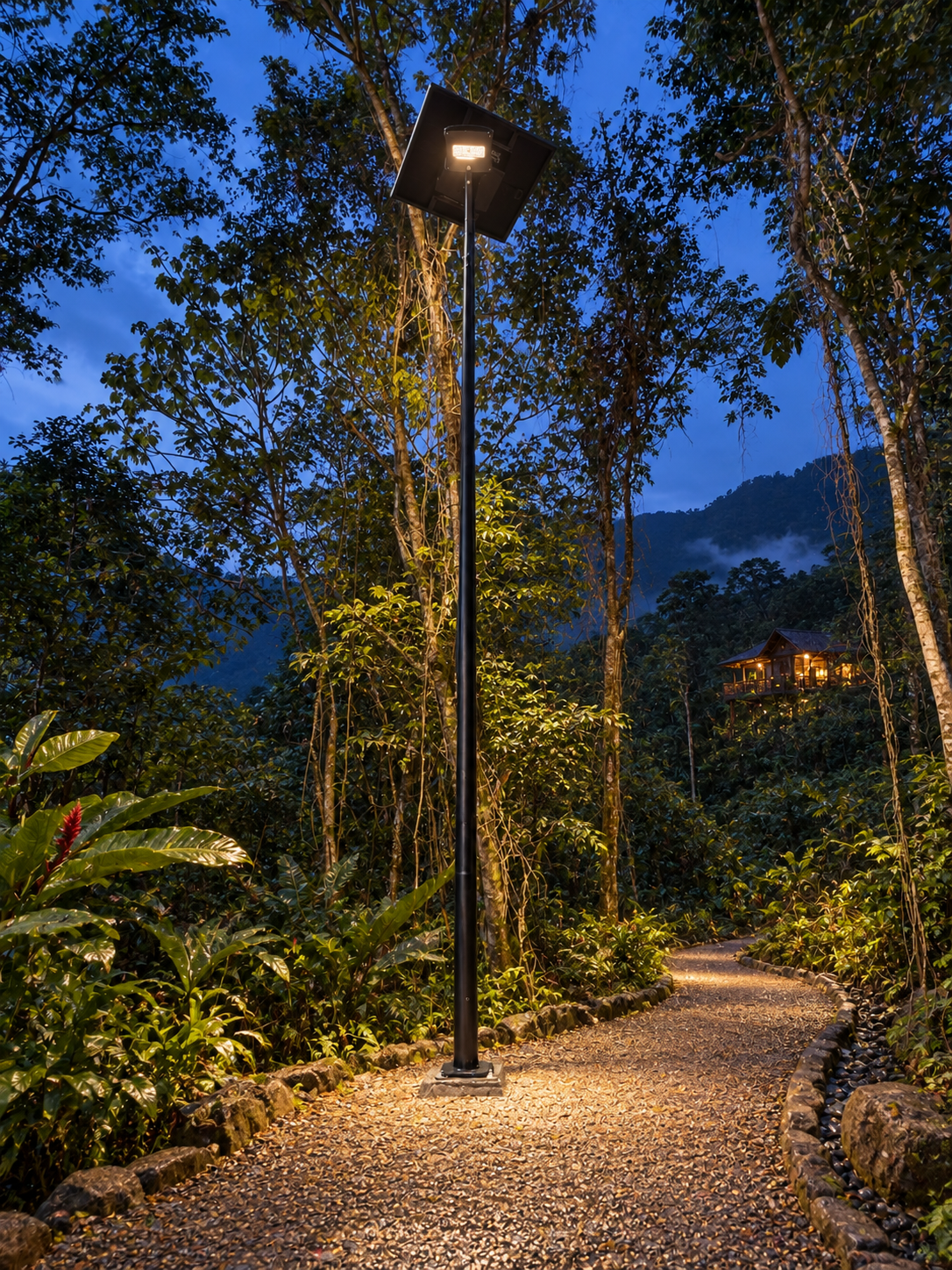 Sendero tropical de montaña iluminado por una farola solar autónoma