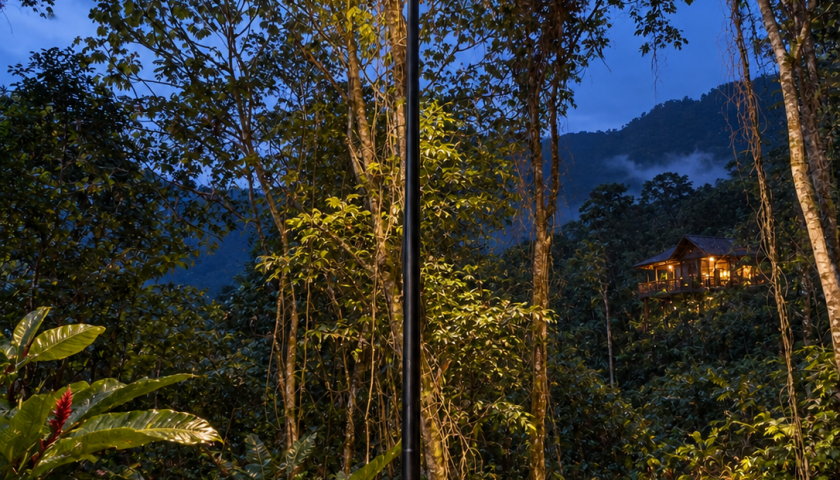 Sendero tropical de montaña iluminado por una farola solar autónoma